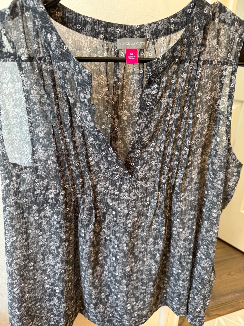 Sheer Vince Camuto Black Floral Pintuck Sleeveless Top